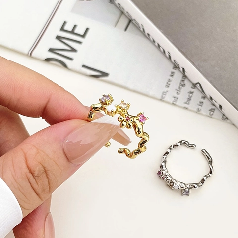 Bunter Zirkonia Verstellbarer Wellen Blumen Ring Für Damen Kupfer Gold Vergoldet Nische Design Mode Schmuck Geschenk