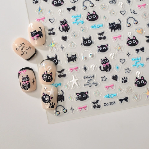 Autocollants De Nail Art En Relief 5D Design De Chat Noir Dessin Animé Imperméables Décalcomanies De Manucure Auto-adhésives