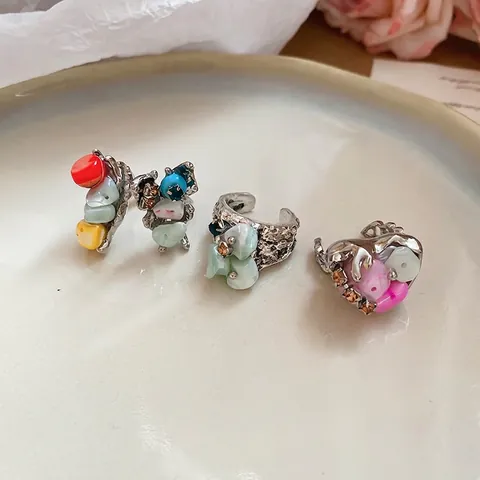 Anillo Abierto De Flor Irregular Con Concha Y Diamantes De Imitación Joyería De Dedo De Aleación Ajustable Estilo Bohemio Vintage Mujer