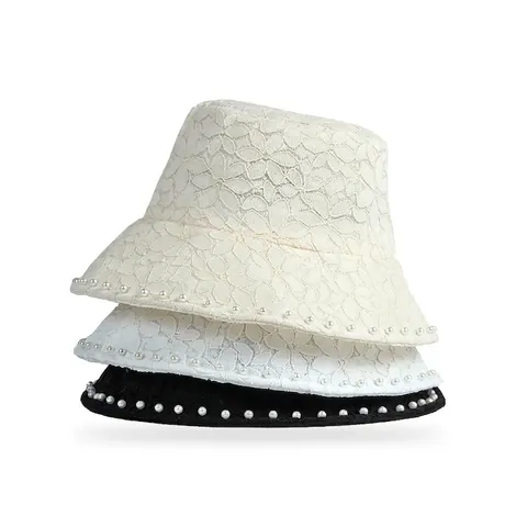 Women Lace Artificial Pearl Bucket Hat Breathable Sun Protection Summer Beach Sunshade French Style Elegant Fisherman Cap
