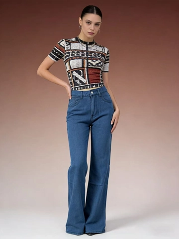 Damen Jeans Mit Hoher Taille Und Weitem Bein Baumwolle Denim Schmetterlingsdruck Tasche Hinten Washed Retro Style