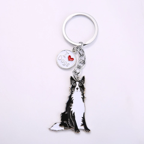 Lindo Llavero de Border Collie Metal Esmalte Perro Colgante Adorno de Bolso I Heart Dogs Llavero Regalo para Amantes de las Mascotas