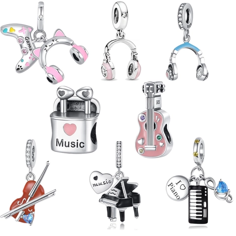 925 Sterling Silver Music Theme Charms Enamel Cubic Zirconia Piano Guitar Headphone Game Controller Beads For DIY Bracelets