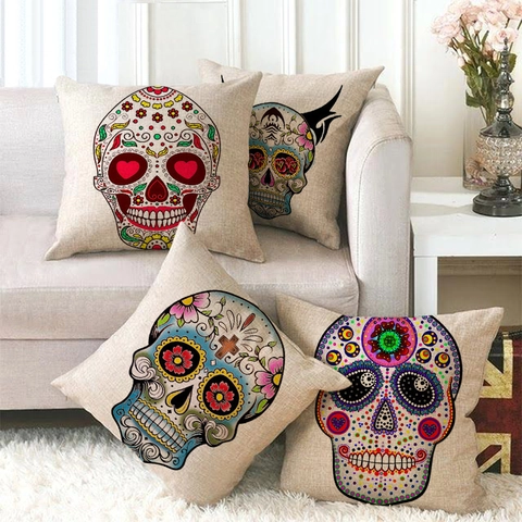 Funda De Almohada De Calavera De Azúcar Colorida Lino Bohemio Para Sofá Decoración Hogar Estampado Mexicano