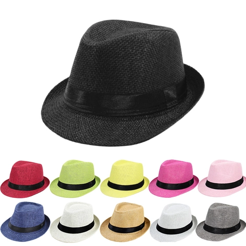 Straw Woven Fedora Hat Breathable Sun Protection Summer Beach Jazz Panama Style For Men Women Kids
