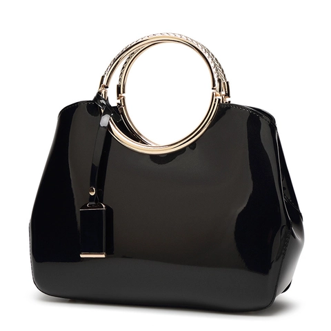 Women Glossy Patent Leather Handbag Elegant Golden Metal Ring Handle Shoulder Crossbody Bag Bridal Wedding Party Evening