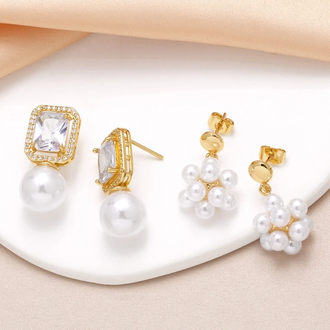 18K Gold Plated Copper Zirconia Pearl Earrings For Women Elegant Square Zirconia Pearl Drop Earrings Cluster Pearl Stud Earrings Jewelry