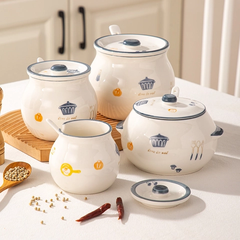 Ceramic Lard Jar Seasoning Container With Lid And Spoon Heat Resistant Modern Cartoon Kitchen Household Storage