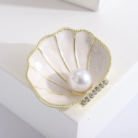 Broche De Concha Aleación Esmalte Joyería Perla Artificial Diamante De Imitación Pin Elegante Tema Océano Joya Mujer