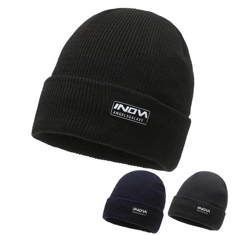 Winter Knitted Beanie Fleece Lined Warm Ribbed Cuff Skull Cap With Letter Patch Outdoor Windproof Solid Color Hat