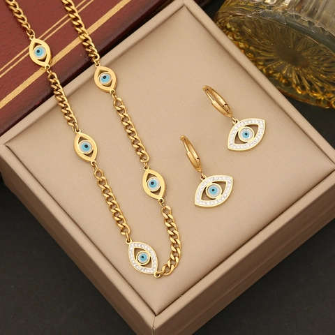 Evil Eye Halskette Ohrringe Armband Schmuck Edelstahl Vergoldet Strass Für Frauen Mode Trendy