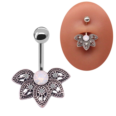 Belly Button Ring 316L Stainless Steel Bar Lotus Flower Hollow White Opal Rhinestone Navel Piercing Jewelry For Women
