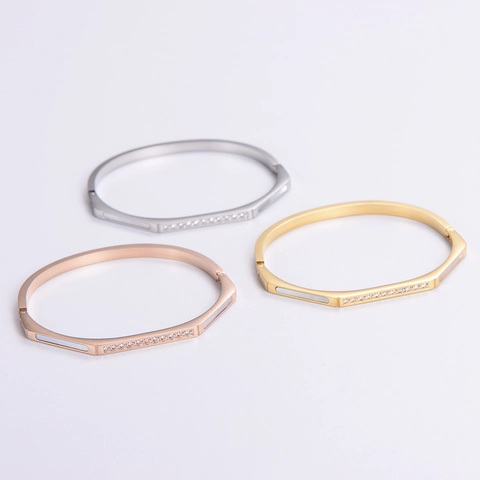 Brazalete Hexagonal De Acero Inoxidable 304 Con Nácar Y Circonita Joyería Geométrica De Moda Para Mujer