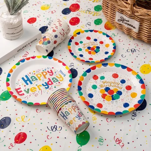 Wegwerpservies Set Verjaardagsfeest Papieren Borden Bekers Servetten Tafelkleed Bestek Banner Voor Feest Decoratie
