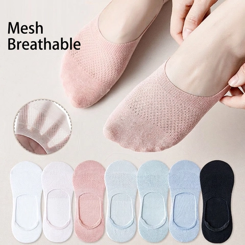Calcetines Invisibles Mujer Malla Transpirable Mezcla Algodón Encaje Corte Bajo Silicona Antideslizante Verano Casual