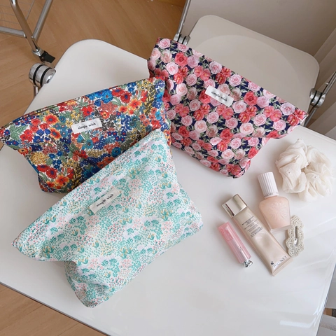 Trousse De Maquillage Florale Toile Coton Fermeture Éclair Pochette Cosmétique Organisateur Voyage Style Artistique Femmes
