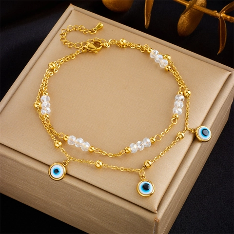 Bohemian Gold Plated Stainless Steel Evil Eye Layered Anklet For Women Beaded Chain Beach Style Ethnic Fashion Jewelry