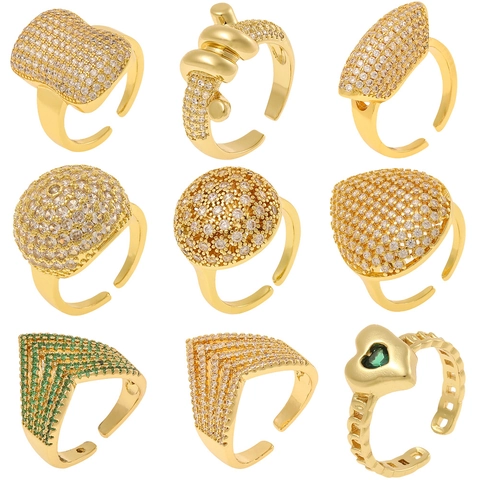 Minimalist Gold Color Copper Adjustable Open Ring For Women Personalized Zirconia Geometric Heart Shape Luxury Fashion Jewelry Wedding Party Ring Accessory