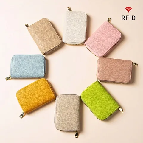 Portacarte Blocco RFID Pelle PU Motivo Litchi Fisarmonica Portafoglio Cerniera Slot Multipli Portamonete Compatto Per Donne