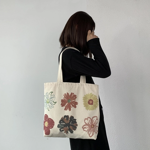 Stofftasche Mit Blumenmuster Canvas Tote Bag Große Kapazität Reißverschluss Schultertasche Literarische Ästhetik Für Frauen