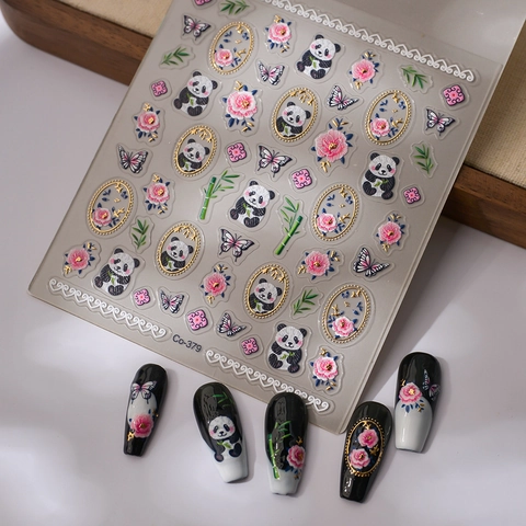 5D Embossed Nail Art Stickers Panda Bamboo Flower Butterfly Pattern Chinese Style Waterproof Adhesive Manicure Decals