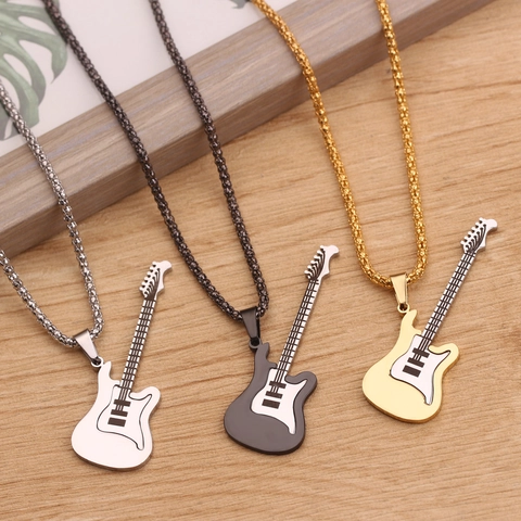 Rock E-Gitarre Anhänger Halskette Legierung Emaille Musik Thema Lange Kette Unisex Schmuck