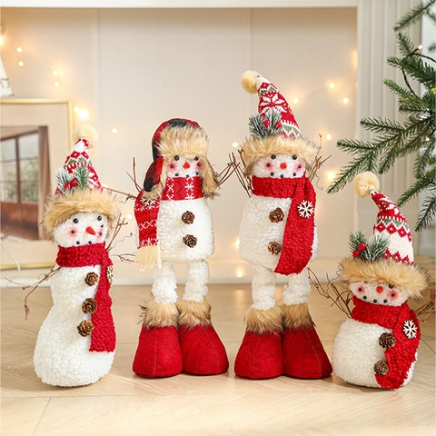 Weihnachts Schneemann Puppe Ornamente Sherpa Strickstoff Mit Kiefernzapfen Holz Zweigen Lange Beine Winter Stehende Figur