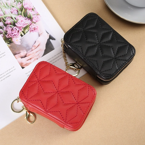 Mini Sac À Maquillage Matelassé En Cuir PU Avec Miroir Porte-Clés Motif Losanges Rangement Portable Pour Gloss À Lèvres