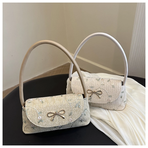 Pastorale Blumenstickerei Stroh Umhängetasche Für Damen Vintage Französisch Metallschnalle Achseltasche Handtasche Reise