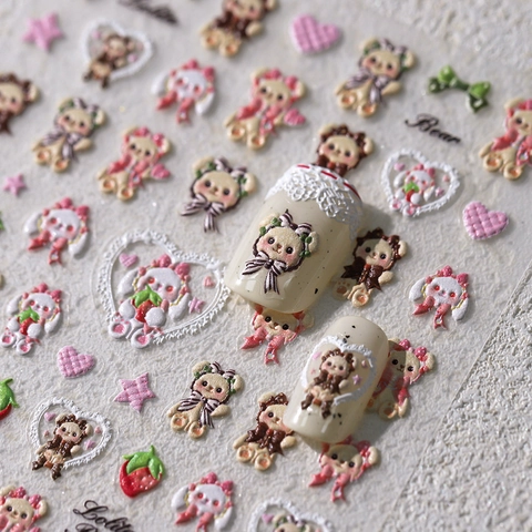 3D Relief Nail Art Stickers Cute Lolita Bear Rabbit Strawberry Hearts Embossed Self Adhesive Nail Decals For Manicure
