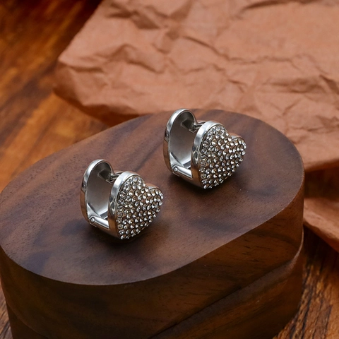 Orecchini a Cerchio a Cuore in Acciaio Inossidabile Minimalisti Con Strass Per Donna Gioielli di Moda Retro Oro Argento