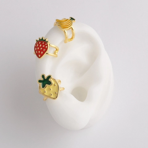 Cute Fruit Strawberry Banana Ear Cuffs And Hoop Earrings For Women 18K Gold Plated Brass Enamel Zircon Sweet Jewelry