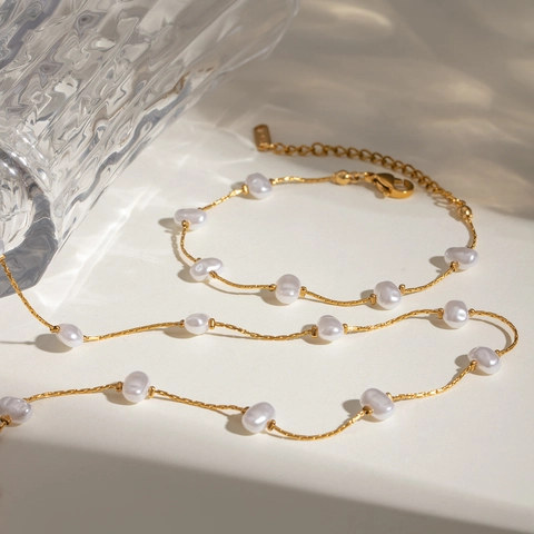 Bracciale E Collana in Acciaio Inossidabile Placcato Oro Con Perle Artificiali per Donna Gioielli di Moda con Perle Barocche Irregolari