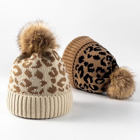 Gorro De Punto Con Estampado De Leopardo Y Pompon De Piel Sintetica Dobladillo Calido Invierno Acrilico Moda Mujeres Hombres