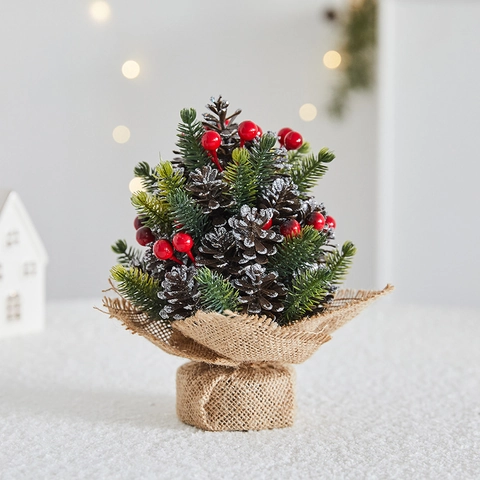 Mini Künstlicher Weihnachtsbaum Topf Desktop Dekor Gefrosteter Zapfen Rote Beeren Kiefernnadeln Für Feiertag Home Ornament