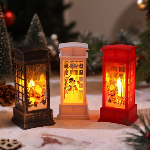 Christmas Telephone Booth LED Lantern Light Retro Decorative Lamp Santa Snowman Reindeer Pattern Desktop Atmosphere Nightlight