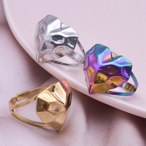 Geometric Heart Ring Stainless Steel Adjustable Open Band Minimalist 3D Faceted Jewelry For Women Men Gold Silver Iridescent