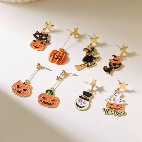 Halloween Asymmetric Alloy Drip Oil Earrings Pumpkin Ghost Black Cat Witch Skull Stud Drop Jewelry For Women Party Gift
