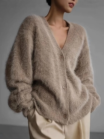 Cárdigan De Punto Con Cuello En V Para Mujer Suéter Piel De Visón Sintética Felpa Holgado Casual Liso
