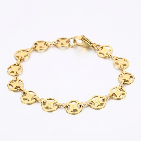 Bracciale In Acciaio Inossidabile Geometrico Cavo Rotondo Moneta Catena Gioielli Per Donne Spiaggia Estate Casual Elegante Finitura Lucida