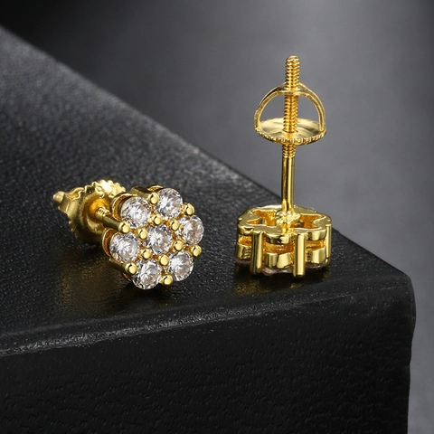 Orecchini a Bottone a Fiore in Rame Stile Hip Hop Interamente in Zirconia per Donna Personalizzati Placcati Oro Argento Chiusura a Vite
