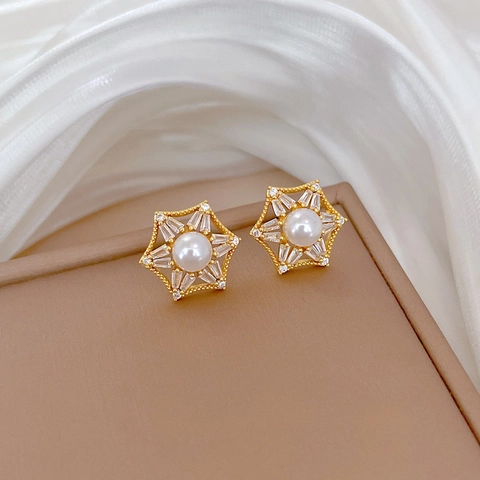 Hexagon Star Artificial Pearl Zircon Necklace And Earrings Gold Plated Titanium Steel With Silver Earring Post Elegant Banquet Women