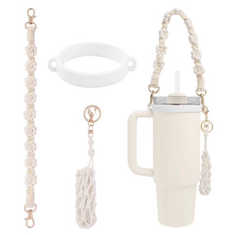 Cordino Per Tazza Acqua Fiori Margherita Intrecciato A Mano Corda Cotone Portatile Anello Silicone Gancio Cinturino Bottiglia