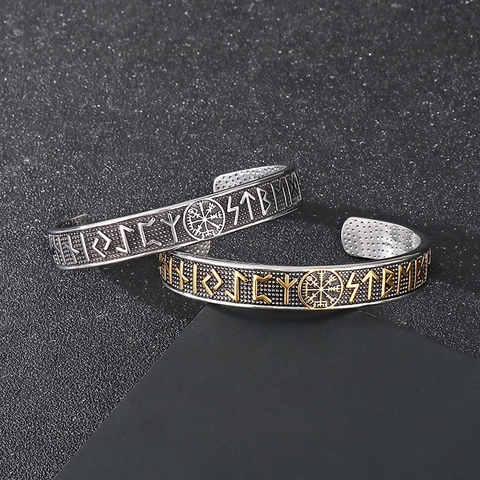 Bracciale Vichingo Acciaio Inossidabile Vintage Nordico Odino Rune Vegvisir Bussola Aperto Regolabile Gioielli Uomo