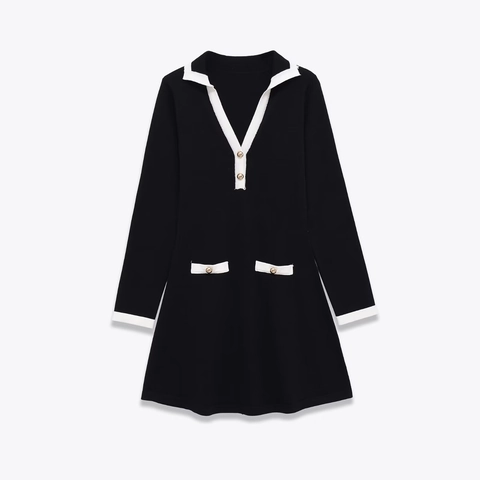 Women Elegant Long Sleeve Mini Dress V Neck Collar Gold Buttons Patchwork Color Block Stretch Knit Slim Fit Office Wear