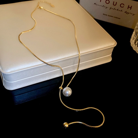 Minimalist Stainless Steel Long Sweater Necklace For Women With Artificial Pearl Pendant Adjustable Slide Chain Jewelry