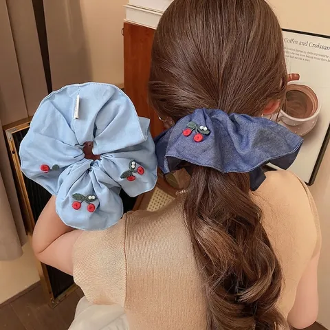 Kersen Borduurwerk Stof Haarelastiekje Kunstparel Strik Haarclip Denim Katoen Zoete Koreaanse Stijl Haaraccessoires
