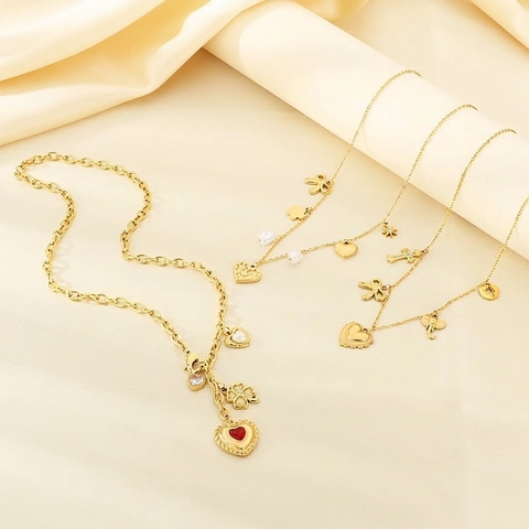 Collana In Acciaio Inossidabile Placcato Oro Pendente Cuore Fiocco Perla Artificial Imitazione Zircone Gioielli Donna