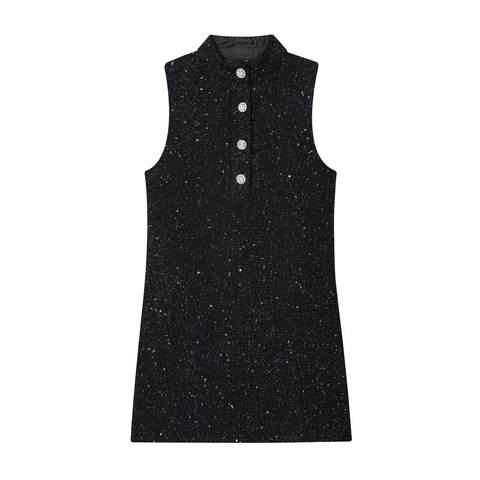 Zwarte Pailletten Tweed Mini Jurk Mouwloos Opstaande Kraag Bodycon Strass Knopen Elegant Dames Feest