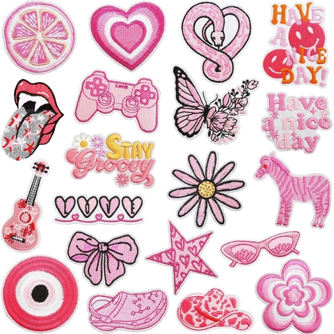 Pink Embroidered Patches Iron On Sewing Fabric Applique Heart Butterfly Flower Slogan Decorative Accessories For Clothes